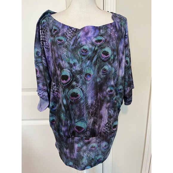 Vintage B.L.E.U. Peacock Patterned Dolman Sleeve Top Womens Size 2X Sparkle Boho - Picture 1 of 8